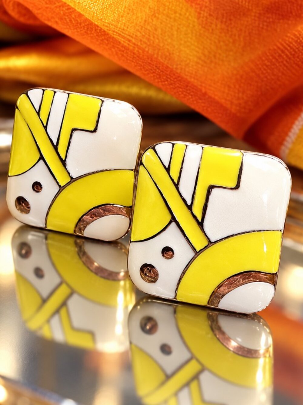 1980s Vintage Clip Earrings Calder Style Yellow n Gold Art Modern Geometrics